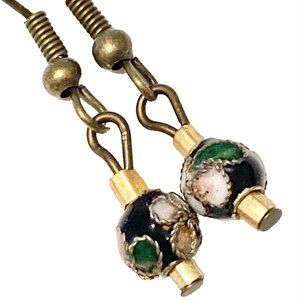Vintage Cloisonne Bead Earrings Round Black Gold Tone Bronze Plated Dainty